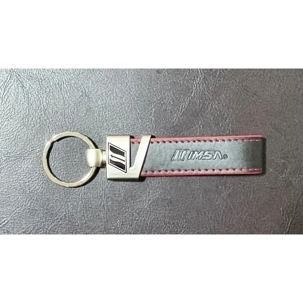 IMSA Leather Keychain Black Red Stitching Racing Automotive Key Ring Accessory